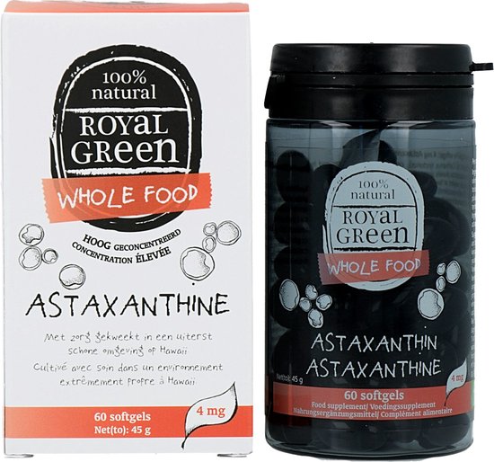 Doos met Royal Green Astaxanthine, 60 softgels, en bijpassende doseerfles.