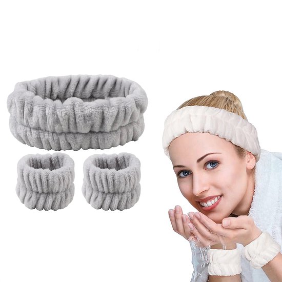 Consumerce® 2 Skincare Wasbandjes en Hoofdband - Grijs - Polsband - Polsbandje - Polsbandjes - Zweetbandjes - Festival - Voor Volwassenen en Kind - Skincare - Make Up - Scrunchie - Scrunchies