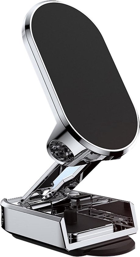 Zilverkleurige magnetische telefoonhouder, met een verstelbare, scharnierende arm en een solide basis.