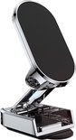 Zilverkleurige magnetische telefoonhouder, met een verstelbare, scharnierende arm en een solide basis.