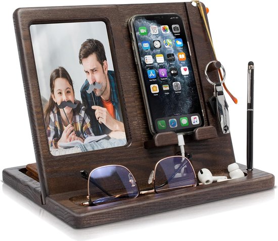 Lawnrden Houten Valet Dienblad, Nachtkastje & Bureau Organizer met Lederen Inleg, Sieraden Doos voor Heren, Opvang Dienblad voor Sleutels, Telefoon, Portemonnee, Horloge, Oordopjes Cadeau - 30x20 cm