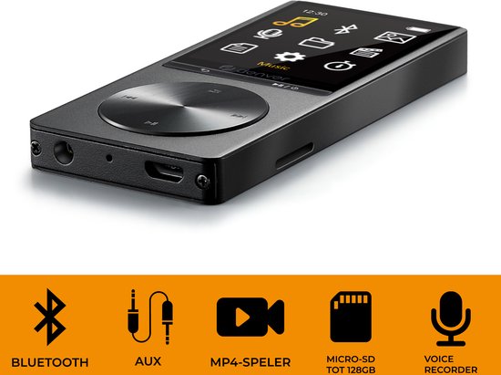 Zwarte Denver MP3/MP4 speler met koptelefoonaansluiting en USB-poort, met onderaan iconen voor Bluetooth, Aux, MP4-speler, SD-kaart en voice recorder.