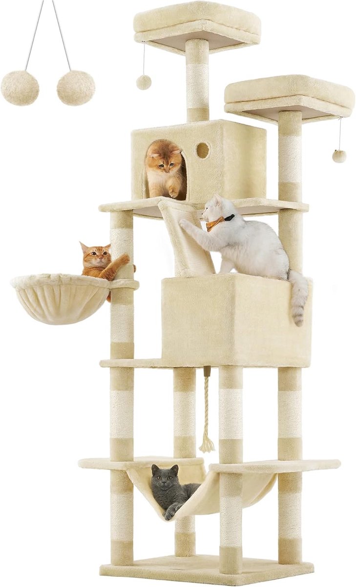 Vasagle Krabpaal groot, 206 cm hoog, XXL kattenboom, met 13 krabzuilen, 2 platforms, 2 holletjes, mand, hangmat, pluche ballen, meerlaagse kattenkrabpaal, beige PCT190M01 thumbnail 3