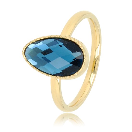 My Bendel - Goudkleurige Ring met Getwist Randje en Blauwe Glassteen - Ring met Druppel Glassteen & Getwist Randje • Blauw • Goudkleurig - met Luxe Cadeauverpakking | Sieraden Voor Dames | Maat 19.00 Mm / Maat 60