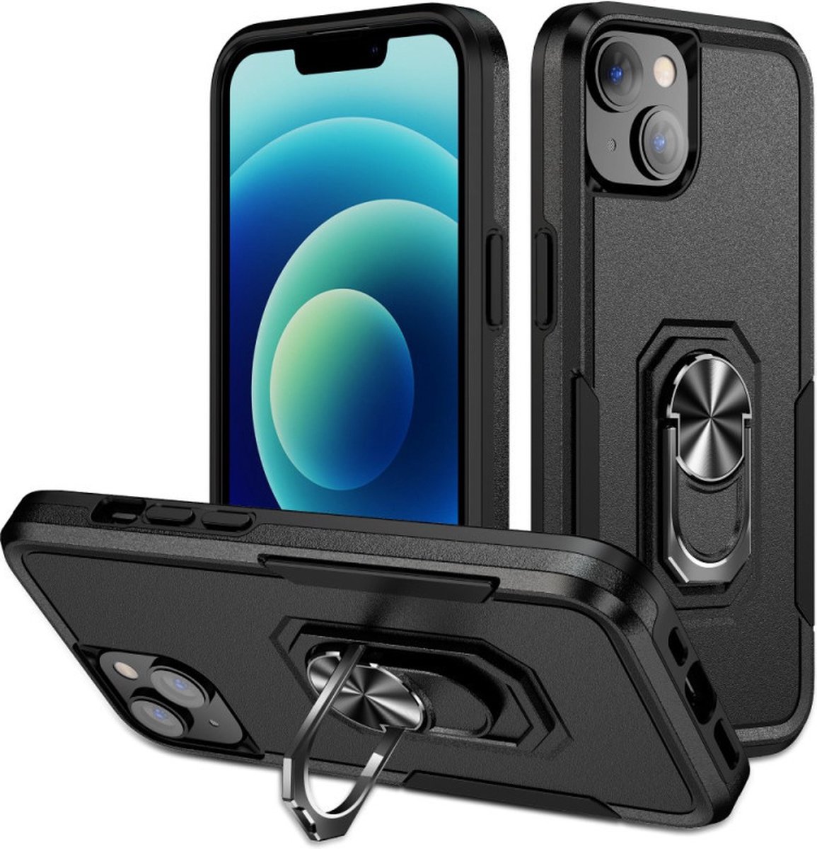 Lunso - Geschikt voor iPhone 15+ / 15 Plus - Armor backcover hoes met ringhouder - Zwart