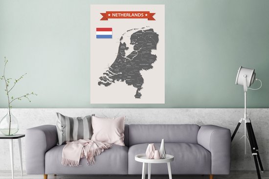 Poster Grijs met witte kaart van Nederland - 90x120 cm