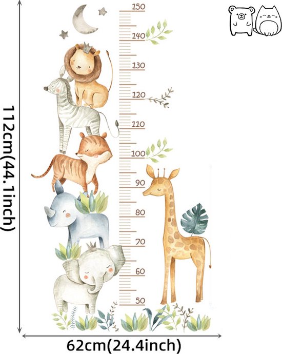 Toise Chambre d'enfant - Chambre de bébé - Muursticker - Animaux sauvages - Jungle - Girafe - Éléphant - Lion - Tige à mesurer - PVC - 62x112cm - Décoration murale