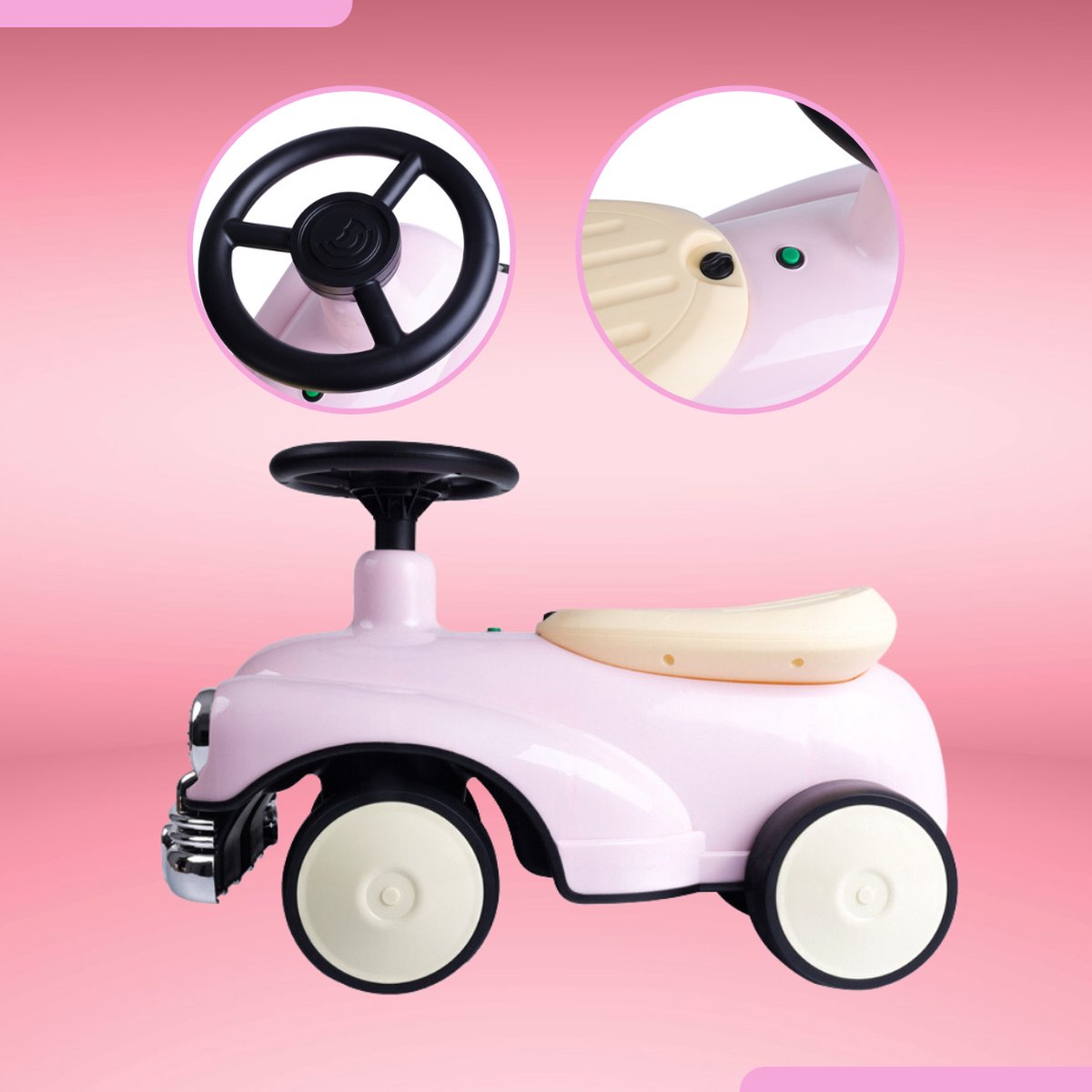 Buxibo Retro Loopauto | Loopwagen voor Jongens & Meisjes | 1-3 jaar | Veilig | Stimuleert Motorische Vaardigheden | Roze - 58x29x38cm — afbeelding 9
