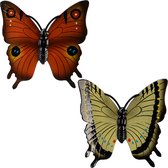 Tuindecoratie vlinders - set 2x - kunststof - geel - oranje - 24 cm