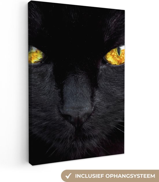 Canvas schilderij - Kat - Dieren - Zwart - Geel - Ogen - Foto op canvas - 20x30 cm - Canvas doek - Schilderij dieren