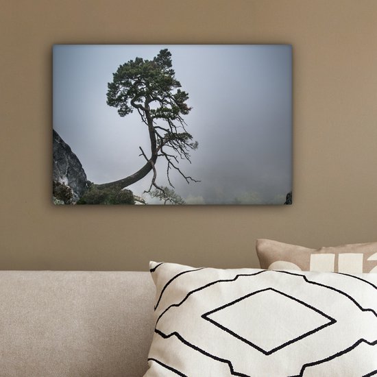 Peinture sur toile - Falaise - Arbres - Vert - Brume - Photo sur toile - Canvasdoek - 30x20 cm - Toile nature