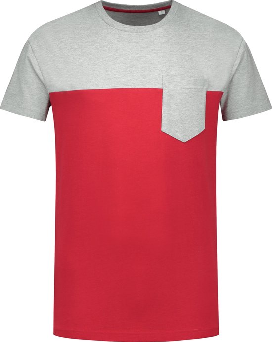Lemon & Soda unisex T-shirt met korte mouwen in de kleurcombinatie grijs melange & rood in de maat XS.