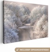 Canvas schilderij - Foto op doek - Winter - Water - IJs - Sneeuw - Landschap - Kamer decoratie - 90x60 cm - Canvas doek