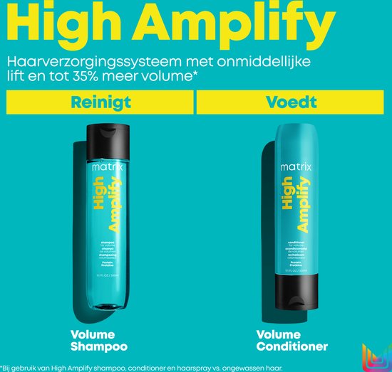 Bouteilles de Shampooing Volume et de Revitalisant Volume Matrix High Amplify. Turquoise avec texte jaune.