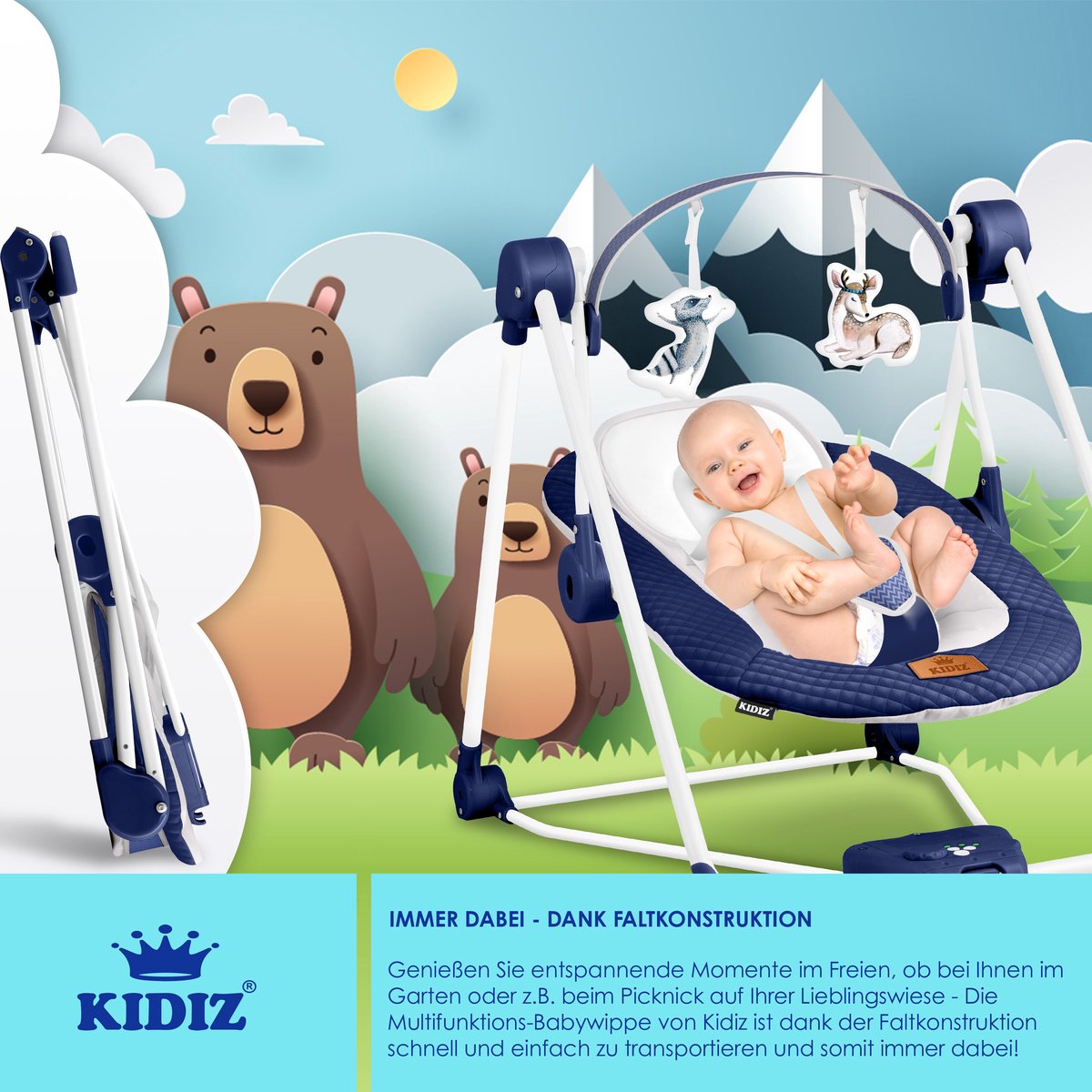 KIDIZ Wipstoel Baby Elektrisch Babyschommel tot max 9kg - Marineblauw thumbnail 2