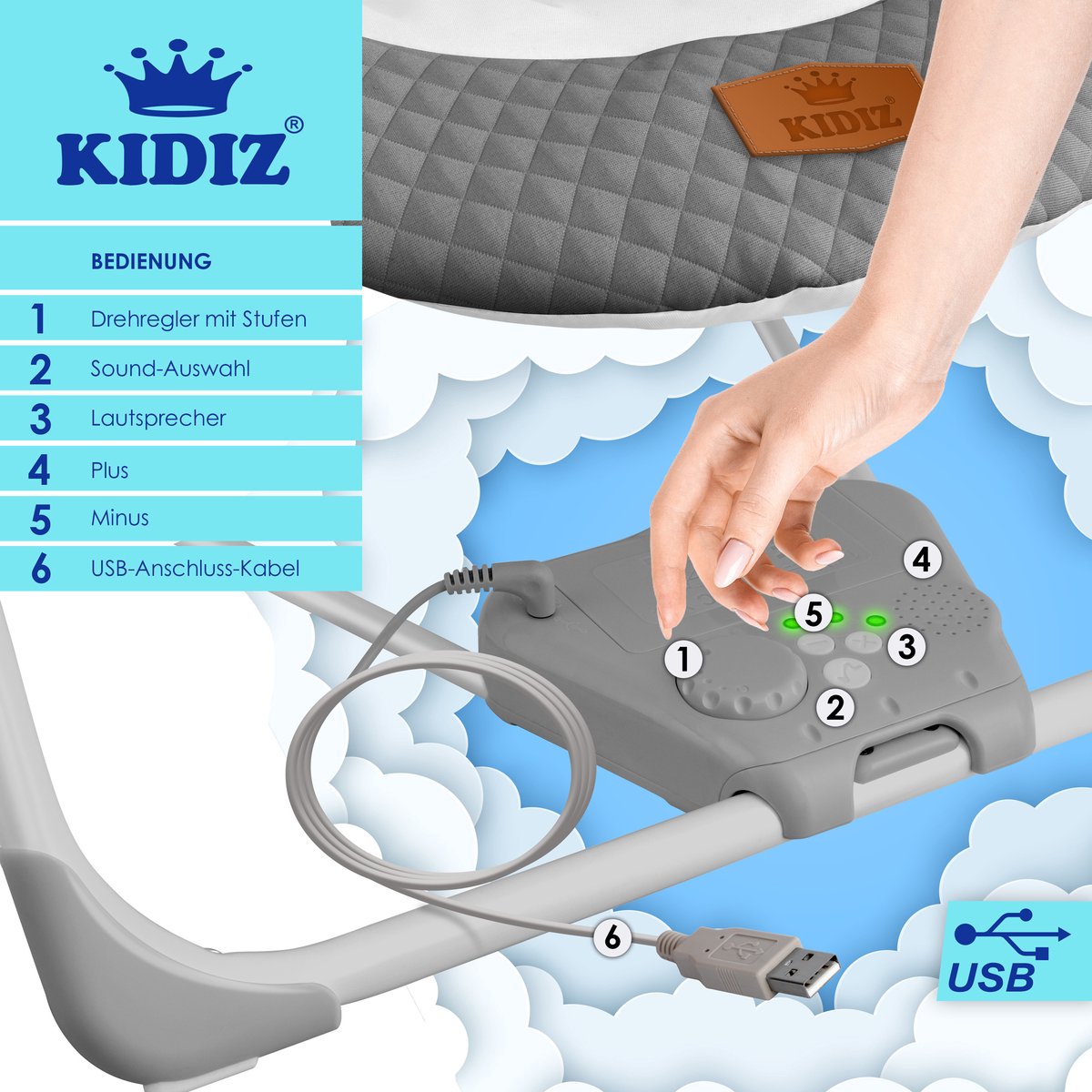 KIDIZ Wipstoel Baby Elektrisch Babyschommel tot max 9kg - Antraciet thumbnail 6