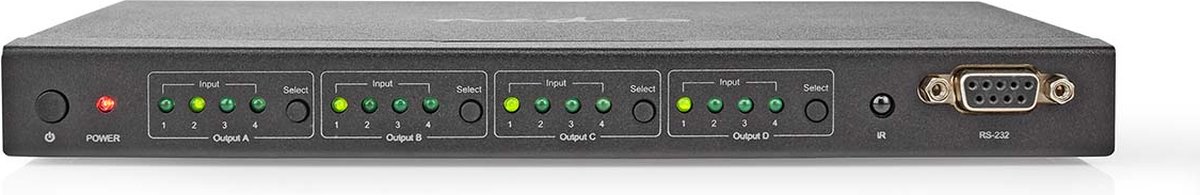 Nedis HDMI Matrix-Switch - 4 x 4-Poorts poort(en) - DC Power / 1x RS232 / 4x HDMI Input - 4x HDMI Output - 4K@60Hz - 18 Gbps - Afstandbestuurbaar - Metaal - Zwart