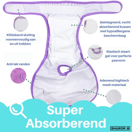Binnenzijde van een super absorberend hondenbroekje met paarse rand. Klittenbandsluiting, anti-lek randen, elastische staartuitsparing, ademend mesh.