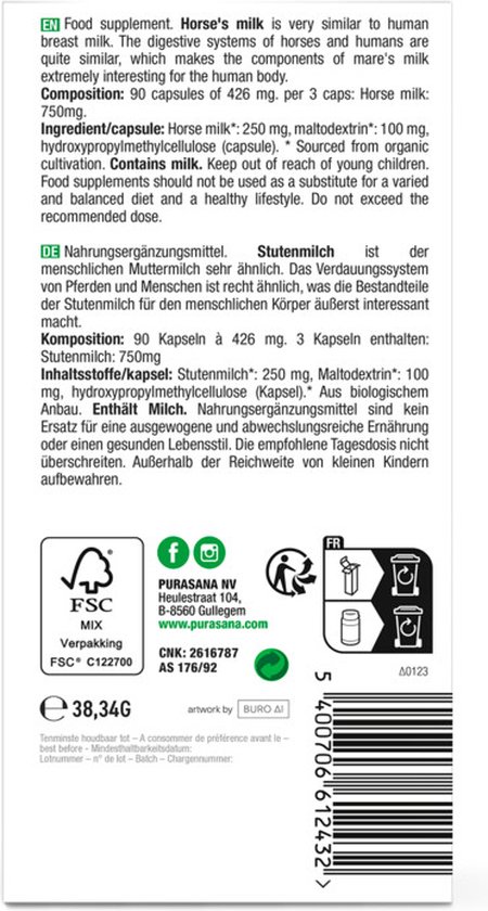 Achterkant van een doos met bruine paard in melk splash. 'Horse Milk Stutenmilch' op groene band.