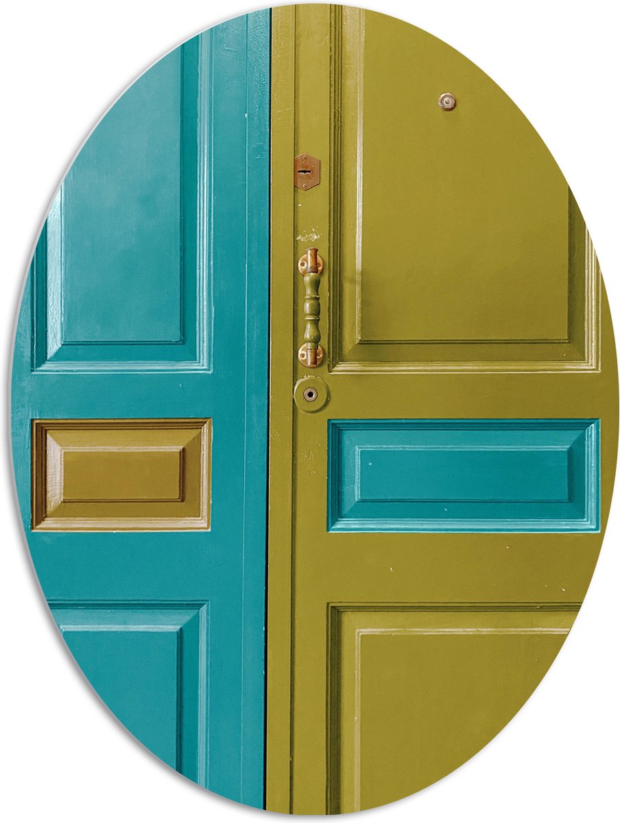 PVC Schuimplaat Ovaal - Deur - Deurklink - Groen - Blauw - 72x96 cm Foto op Ovaal (Met Oph