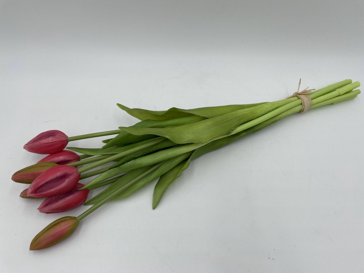 Tulpen - in knop - fel roze | beauty - 44cm - 7 stelen - kunst tulpen - tulpenboeket - nep tulpen - tulp