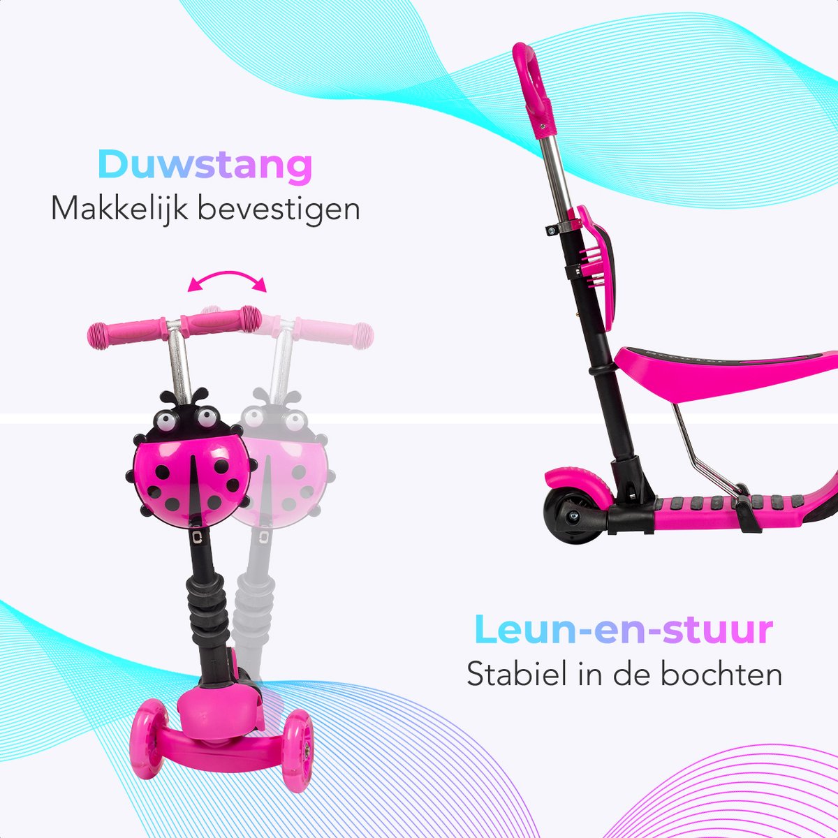 LifeGoods MultiRider - Kinderstep met Duwstang - 3 tot 8 Jaar - Hoogte Verstelbaar - Jongens/Meisjes - Lichtgevende LED Wielen - Roze — afbeelding 5