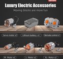Luxe elektrische accessoires voor bouwstenen: servo motor, lithium batterij en afstandsbediening.