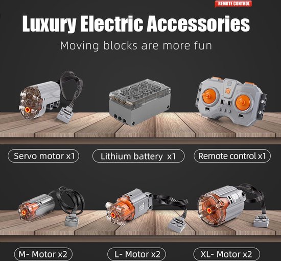 Luxe elektrische accessoires voor bouwstenen: servo motor, lithium batterij en afstandsbediening.