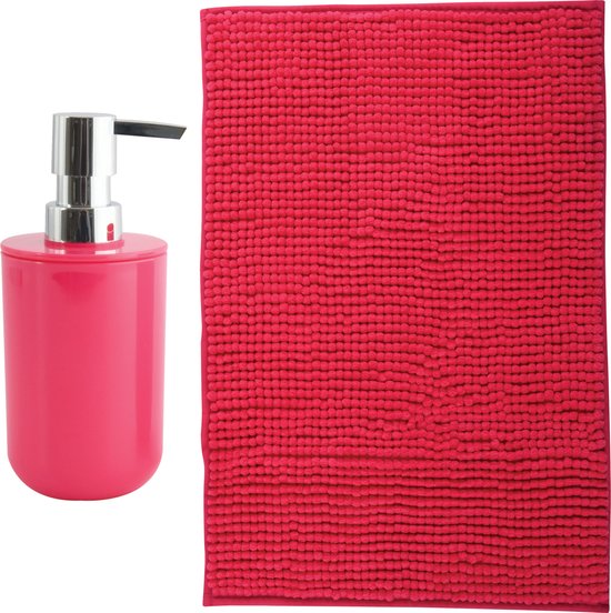 MSV badkamer droogloop mat - Milano - 40 x 60 cm - met bijpassende kleur zeeppompje - fuchsia roze