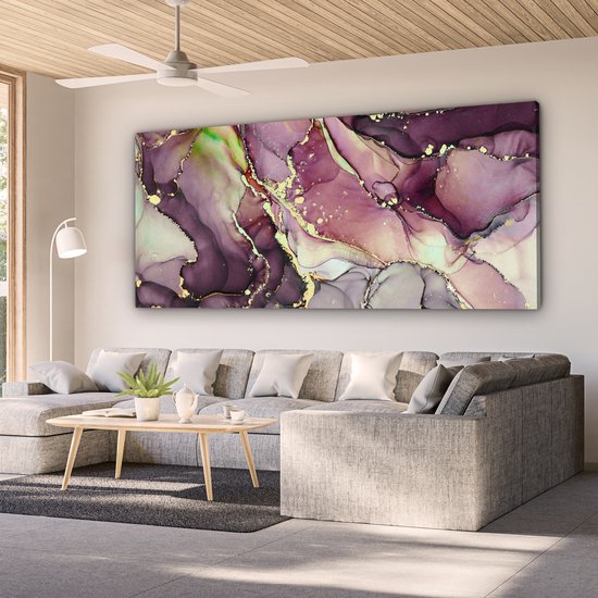 Peinture sur toile 160x80 cm - Décoration murale Marbre - Rouge - Violet - Or - Décoration murale murale salon - Décoration chambre - Accessoires de chambre - Peintures