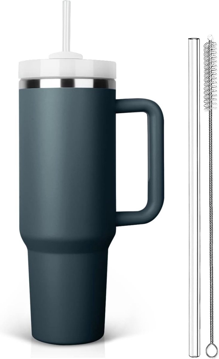 Drinkfles 1.2L met Handvat en Rietje - Waterfles - Drinkbeker - Volwassenen - Tumbler - Thermosbeker - Travel Mug - Koffie To Go - Koffiebeker - Geschikt voor in de auto, camping, fitness - Thermoskan - Bidon