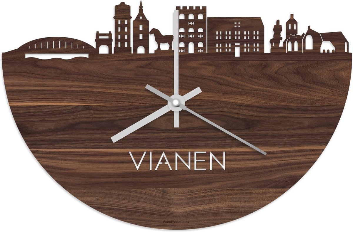 Skyline Klok Vianen Notenhout - Ø 40 cm - Stil uurwerk - Wanddecoratie - Meer steden beschikbaar - Woonkamer idee - Woondecoratie - City Art - Steden kunst - Cadeau voor hem - Cadeau voor haar - Jubileum - Trouwerij - Housewarming - WoodWideCities