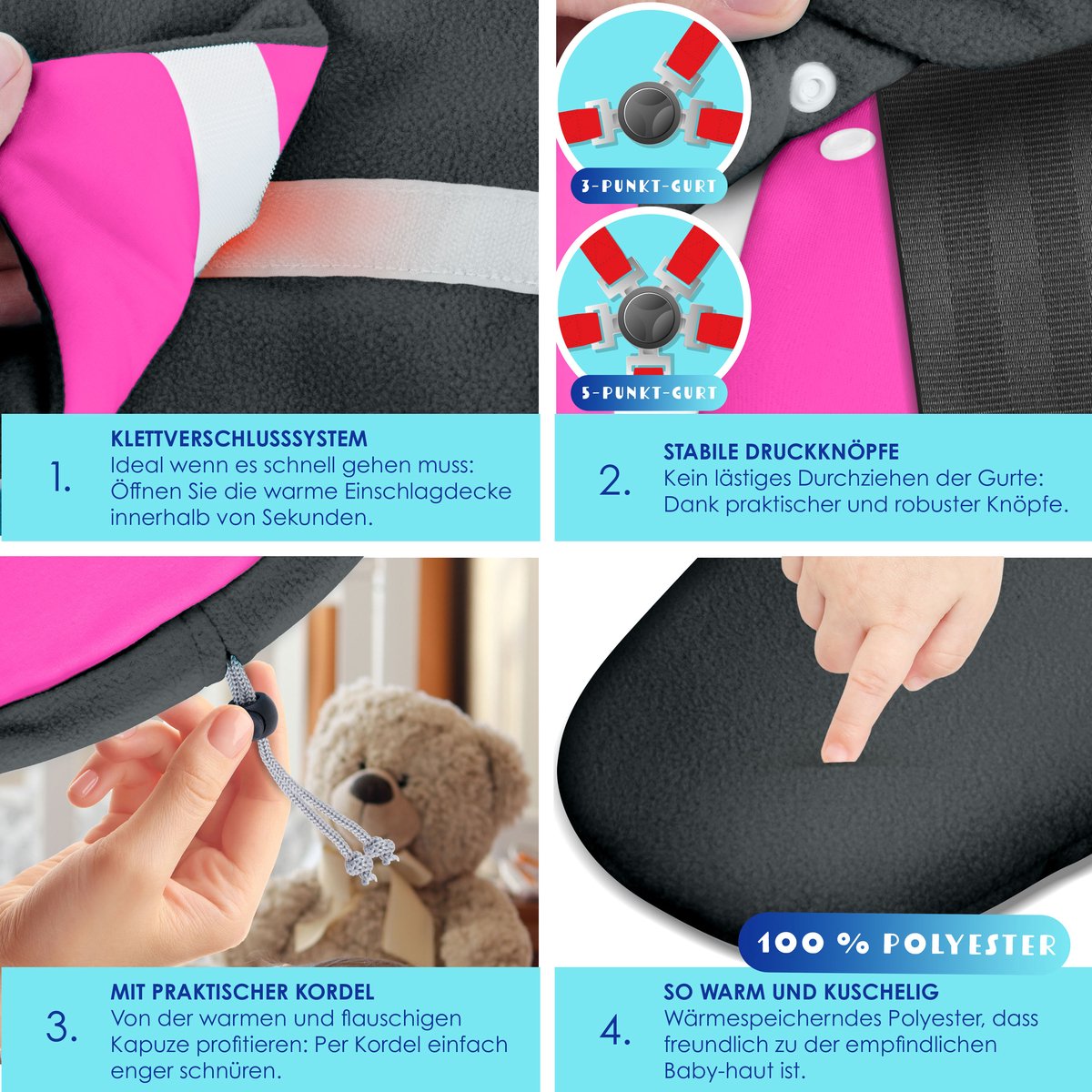KIDIZ® Baby Slaapzak voor Buggy Voetenzak voor Autostoeltje & Wandelwagen Babyschaal, voor Winter met Kap + Babyslaapzak Deken voor Maxi-Cosi & Kinderwagen alle Gordelsystemen 3 & 5-Puntsgordel - Antraciet / Roze – foto 5