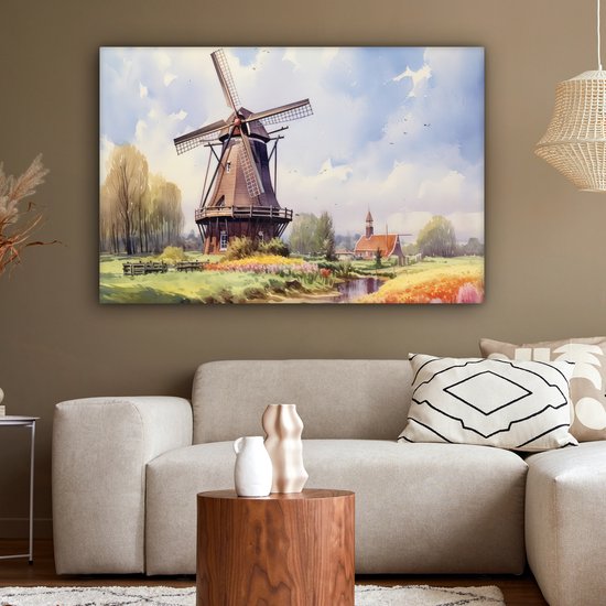 Canvas schilderij 140x90 cm - Wanddecoratie Molen - Nederland - Kunst - Landschap - Nederland - Muurdecoratie woonkamer - Slaapkamer decoratie - Kamer accessoires - Schilderijen