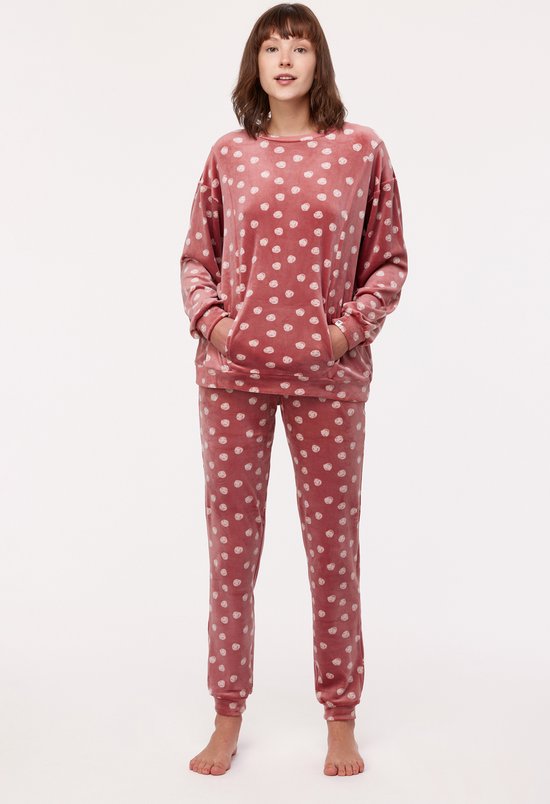 Woody Studio pyjama velours meisjes/dames - roze - bolletjes - 232-12-YPE-V/956 - maat XL