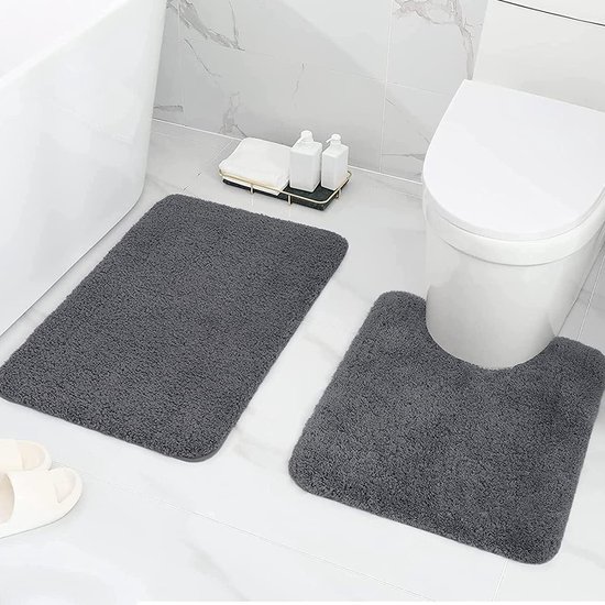 Badmatten set van 2 antislip microvezel badmat 50 x 80 cm en wc-mat 50 x 60 cm wasbaar absorberend badkamertapijt set toiletmat, douchemat grijs