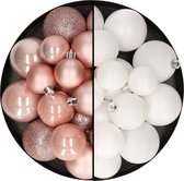 Kerstballen 60x stuks - mix lichtroze/wit - 4-5-6 cm - kunststof - kerstversiering