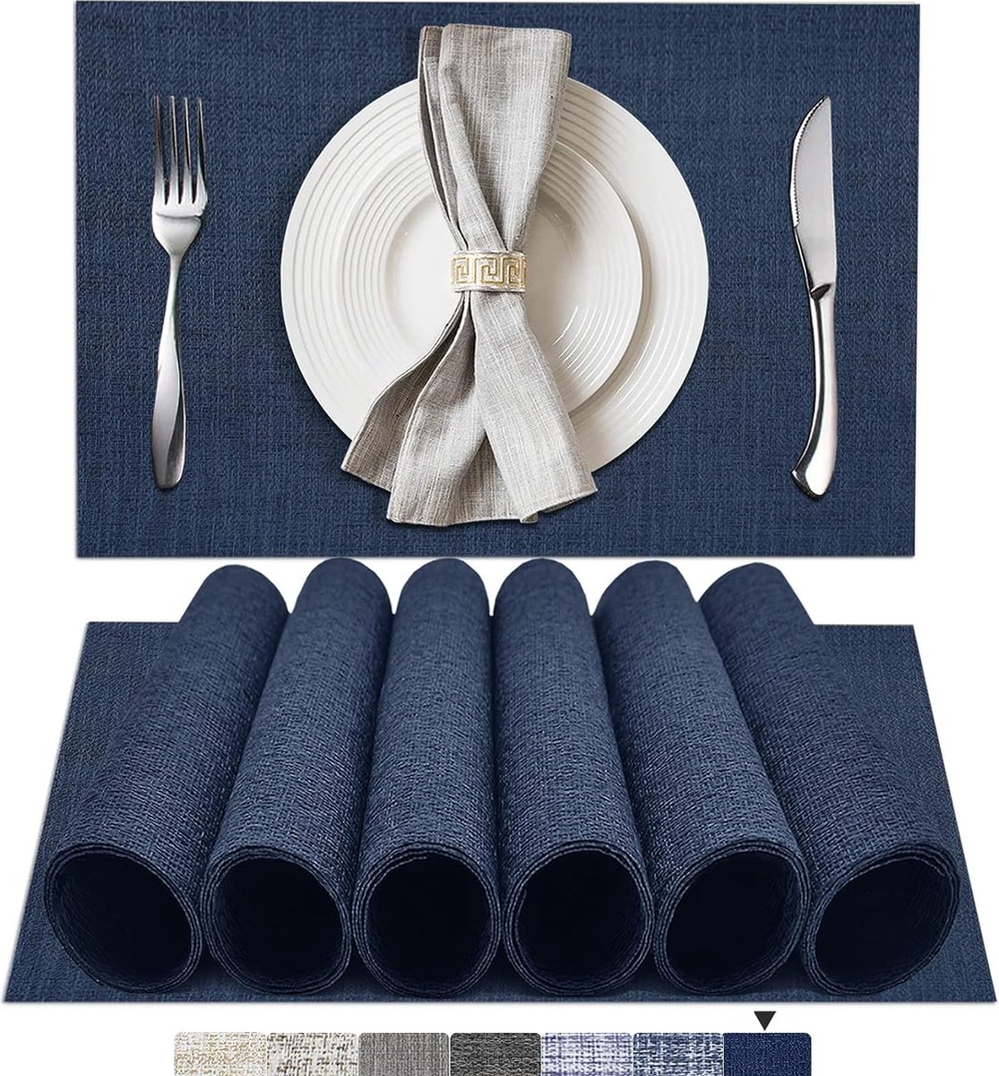 Vinyl geweven placemats Set van 6,anti-slip,hittebestendige,wasbare (donkerblauw)