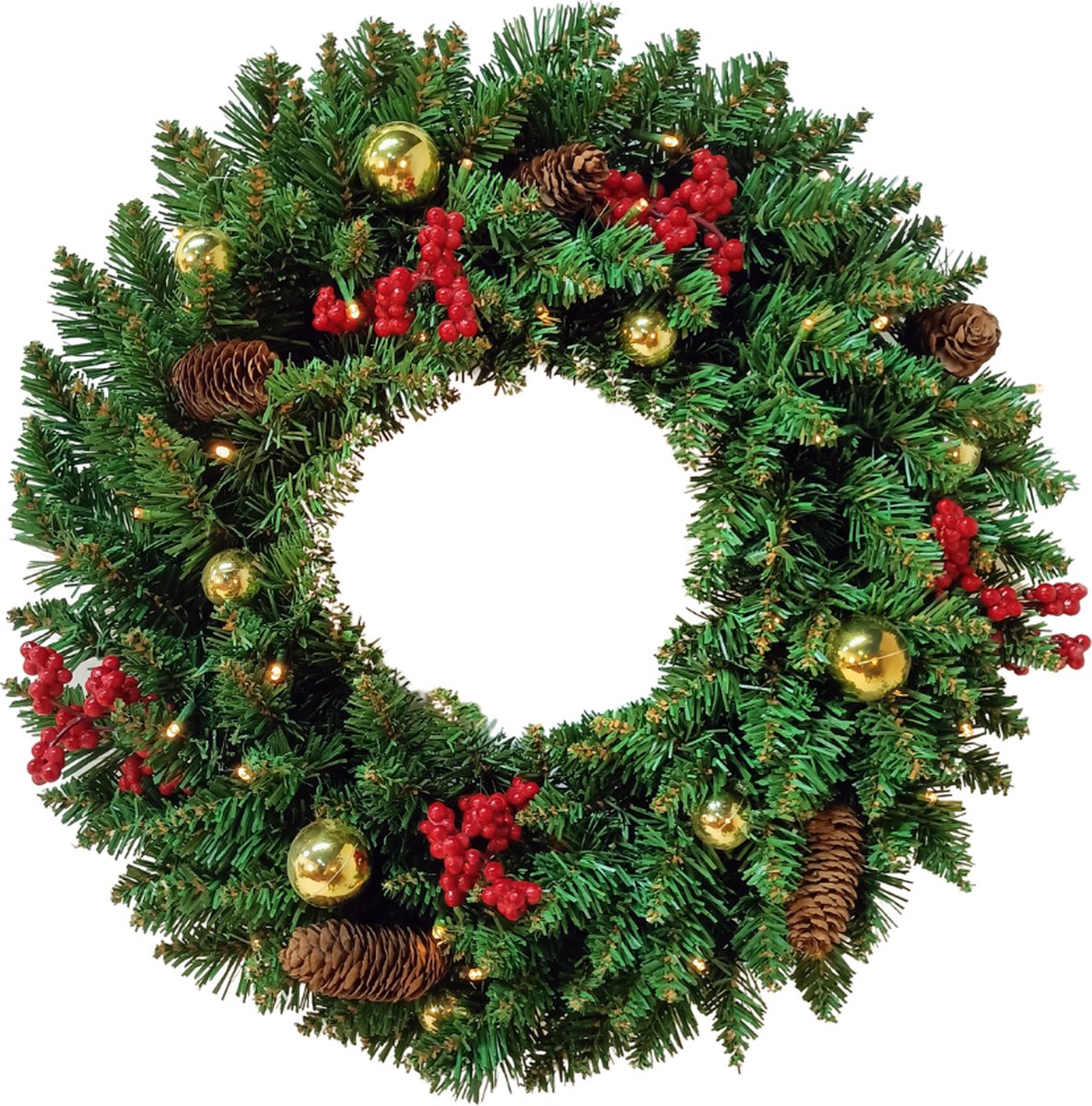 Buxibo PVC Kerstkrans met LED-verlichting, Dennenappels, Rode Bessen en Kerstballen - Met 40 lampjes op batterijbox - 150 takken - 50cm -