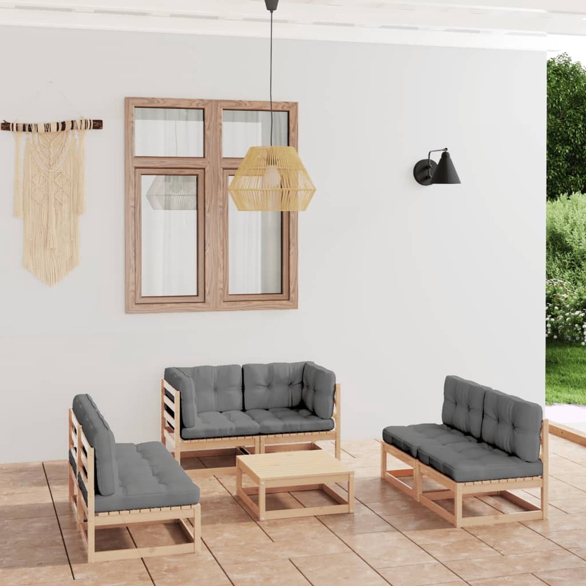 The Living Store 7-delige Loungeset met kussens massief grenenhout - Tuinstoel - Lounge Set - Buitendecoratie - Houten Bank - Tuinset
