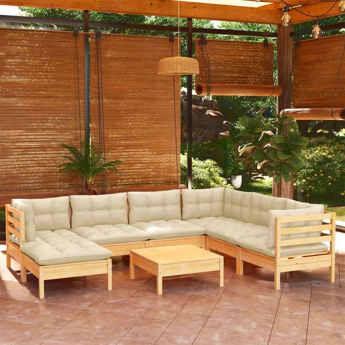 The Living Store 8-delige Loungeset met crèmekleurige kussens massief grenenhout - Loungeset - Tuinset - Houten Lounge - Loungemodule - Buitendecoratie