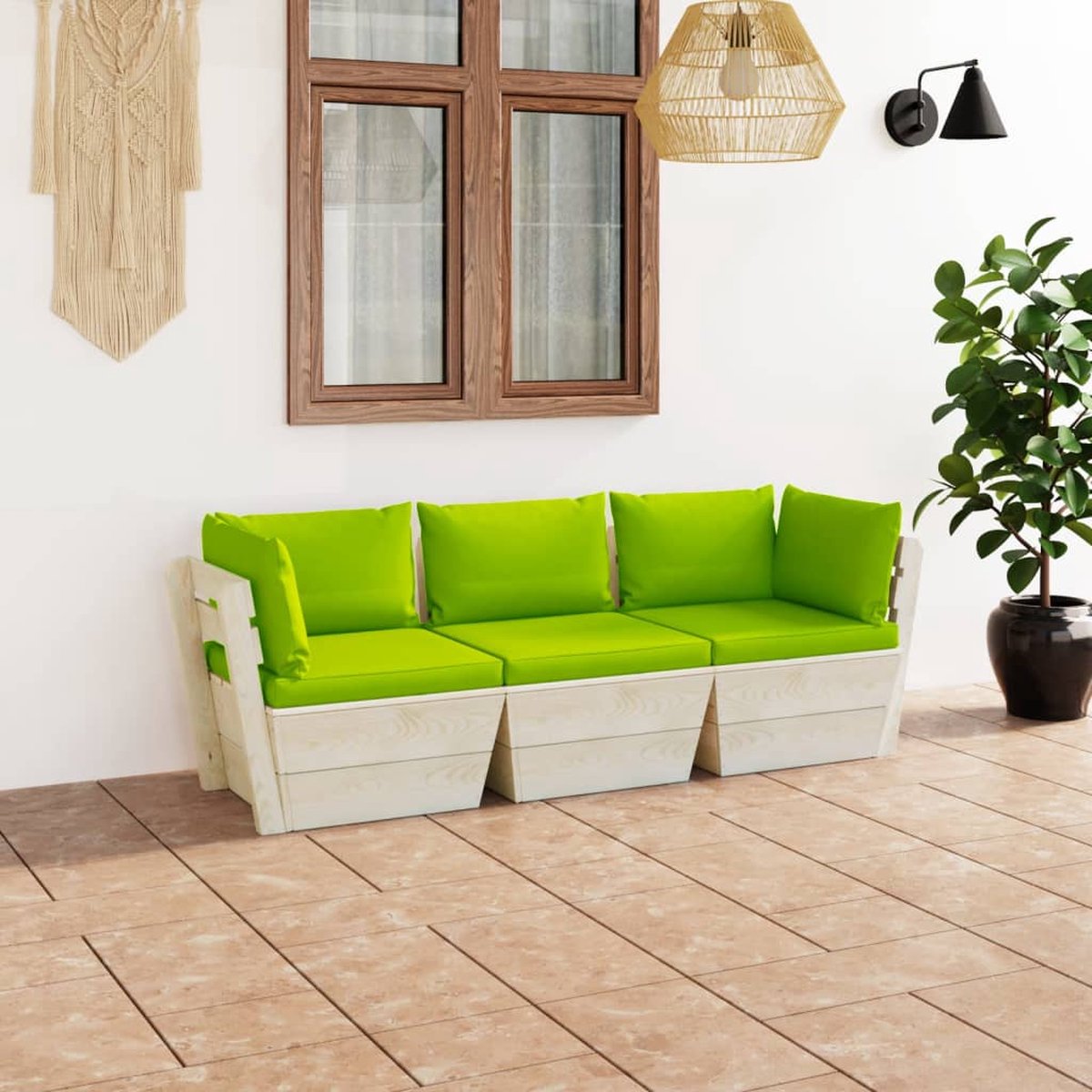 The Living Store Tuinbank 3-zits met kussens pallet vurenhout - Tuinbank - Palletsofa - Lounge Bank - Buitendrank - Tuindecor