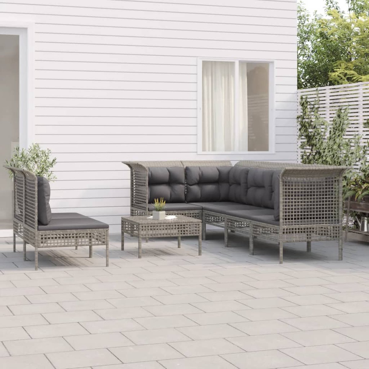 Grijze loungeset met kussens en poly rattan - Tuin Lounge Set.