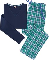 La-V pyjamasets voor dames met geruite flanel broek en top met kant blauw/groen S