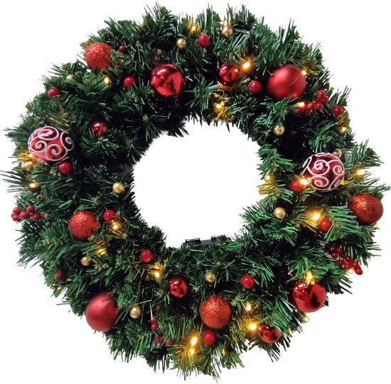 Buxibo PVC Kerstkrans met Decoraties - Groen - Met 40 Lampjes op Batterijbox - 150 Takken - 50cm