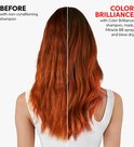Voor-en-na vergelijking van rood/oranje gekleurd haar. De rechterkant toont levendiger, glanzender haar na gebruik van Color Brilliance producten.