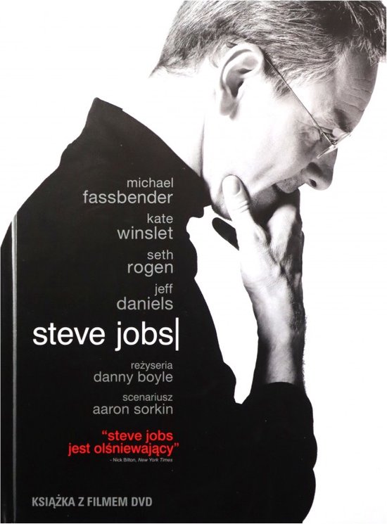 Zwart-wit poster voor de film 'Steve Jobs' met een close-up van Michael Fassbender die Steve Jobs speelt, met de titel en castleden.