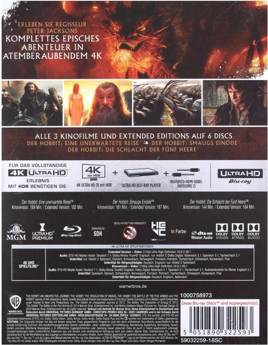 De achterkant van de 4K Ultra HD Blu-ray van de Hobbit trilogie met afbeeldingen van personages en productinformatie.