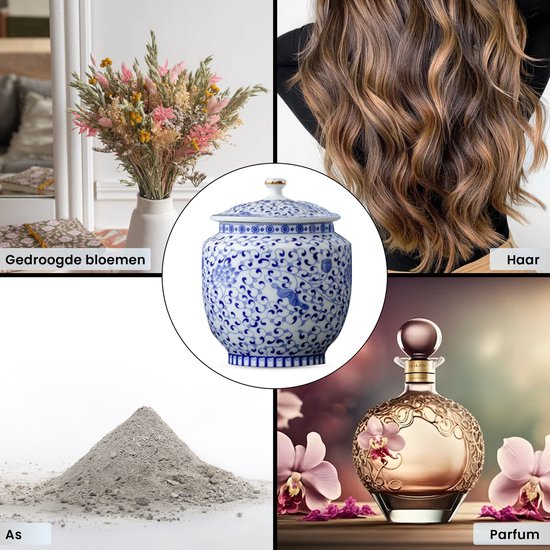 Blauw-witte porseleinen urn met deksel, versierd met bloemenpatroon.