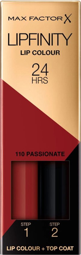 Max Factor Lipfinity Lip Colour verpakking, met rood en goud design. Toont stap 1 lipkleur en stap 2 topcoat in kleur 110 Passionate.